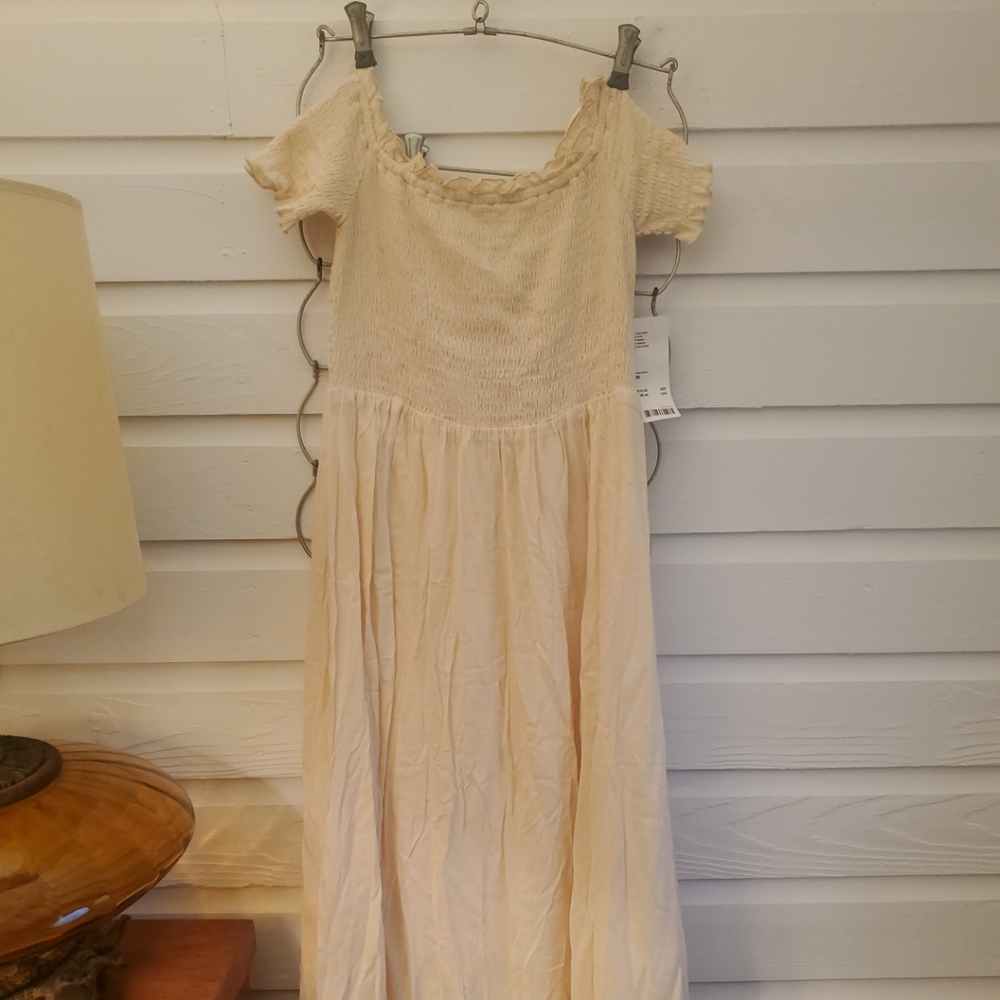 NWT Urban Outfitters Peasant Stretchy Ruched Ivory Cream Lined Midi Dress XS